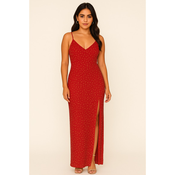 Vintage Scala Red Silk Gown Beaded Maxi Dress Spaghetti Strap Medium - Picture 1 of 6